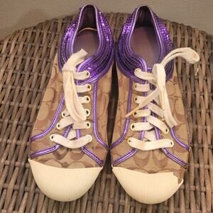 Coach Zorra A1412 Logo Sneakers 8.5 Brown Canvas Purple Sequin Trim Distressed